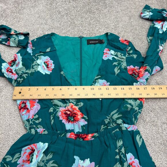 Minkpink Ruffle Floral Romper Womens small Green Long Sleeve V-Neck Summer Boho - Picture 13 of 15